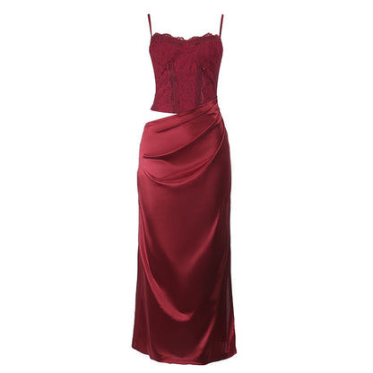 Hollow out ruched satin slit cami cut out maxi dress  | Festival Outfits Women