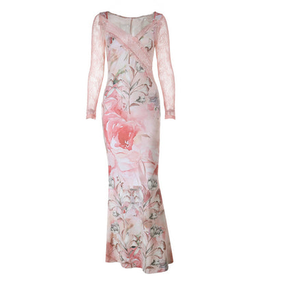 Long sleeve v neck lace hem flower print maxi dress  | Festival Outfits Women