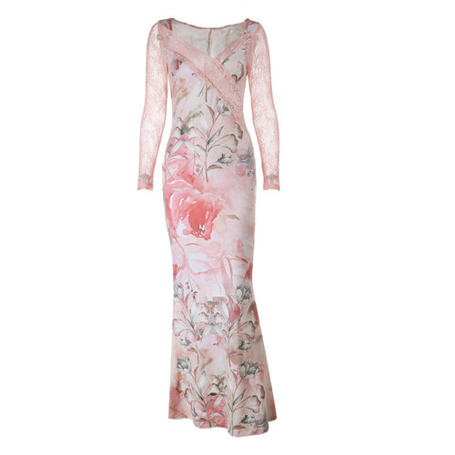 Long sleeve v neck lace hem flower print maxi dress  | Festival Outfits Women