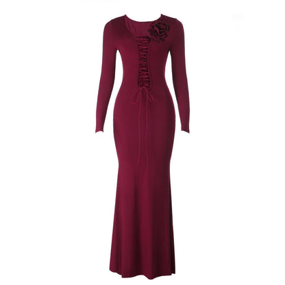 Long sleeve flower applique self tie solid maxi dress  | Festival Outfits Women