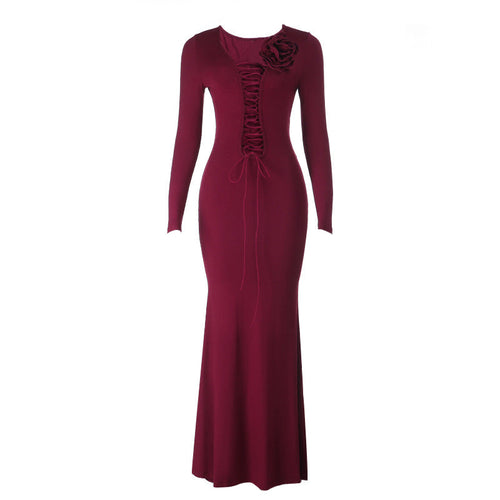 Long sleeve flower applique self tie solid maxi dress  | Festival Outfits Women