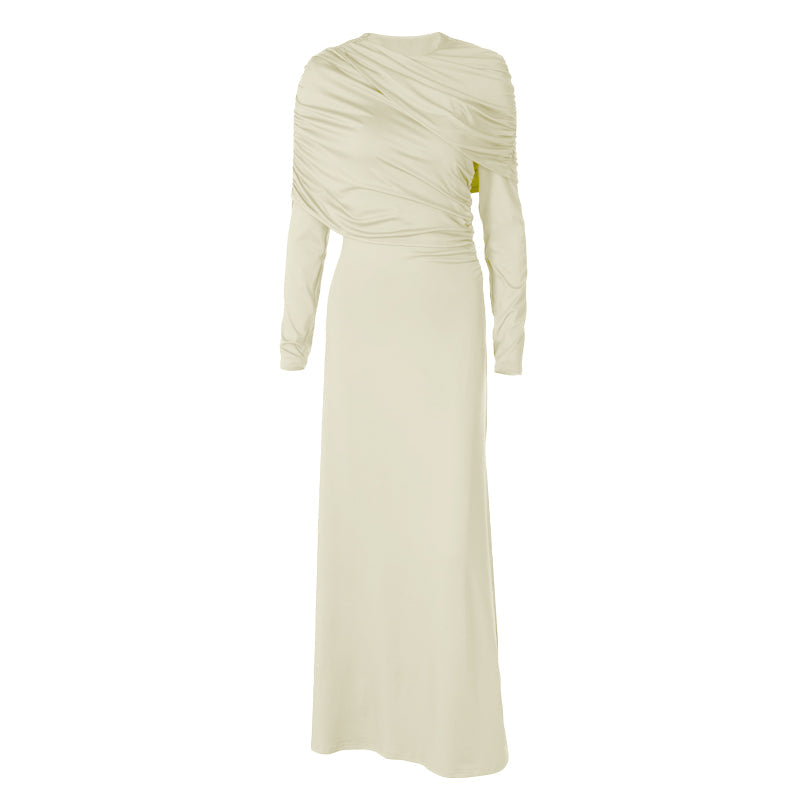 Long sleeve ruched irregular crewneck maxi dress  | Festival Outfits Women