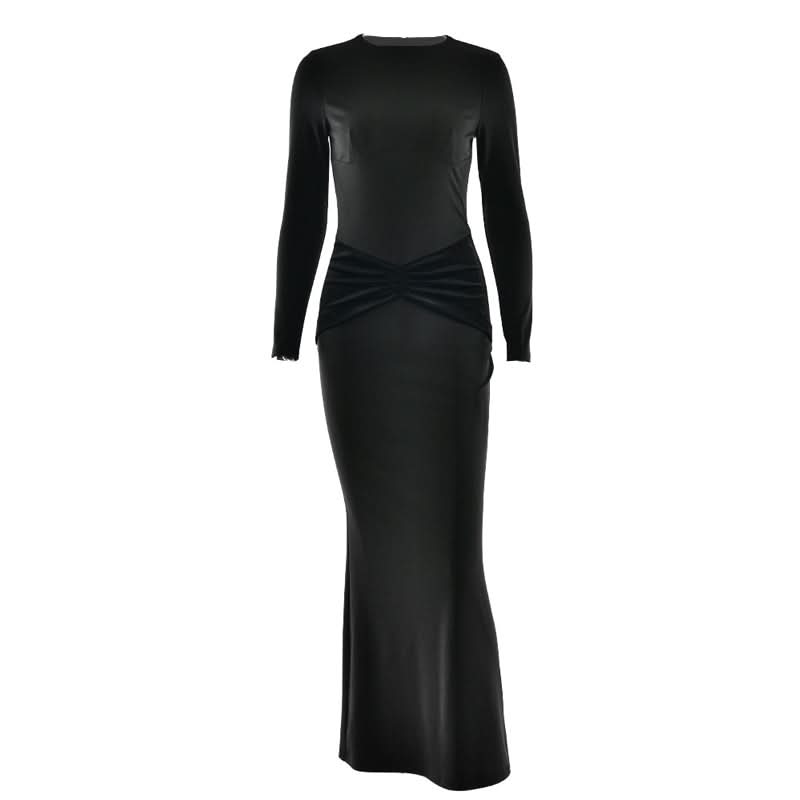 Crewneck long sleeve ruched zip-up maxi dress  | Festival Outfits Women