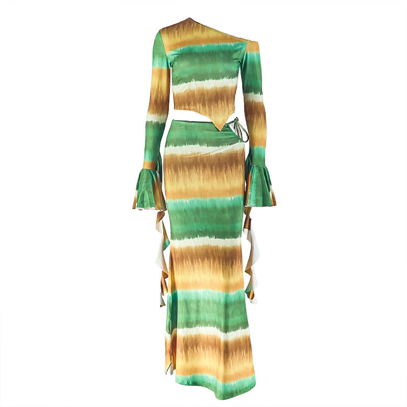 One shoulder long flared sleeve self tie print contrast maxi dress  | Festival Outfits Women