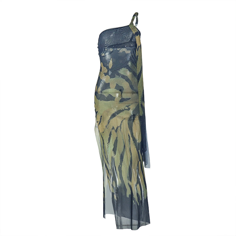 One shoulder high slit mesh maxi dress  | Festival Outfits Women