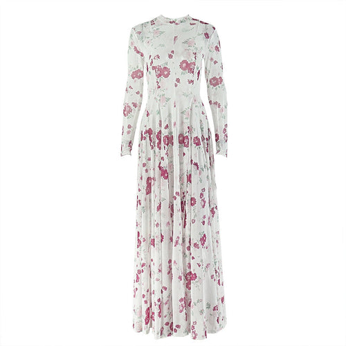Long sleeve crewneck flower print mesh maxi dress  | Festival Outfits Women