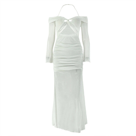 Long sleeve off shoulder halter hollow out mesh cut out maxi dress  | Festival Outfits Women