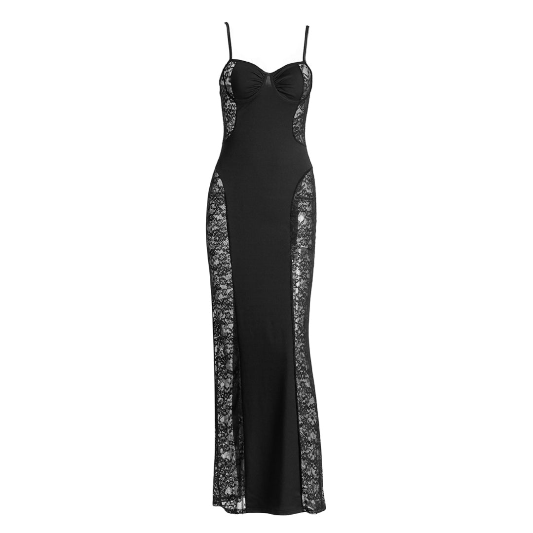 Lace slit v neck zip-up cami maxi dress  | Festival Outfits Women