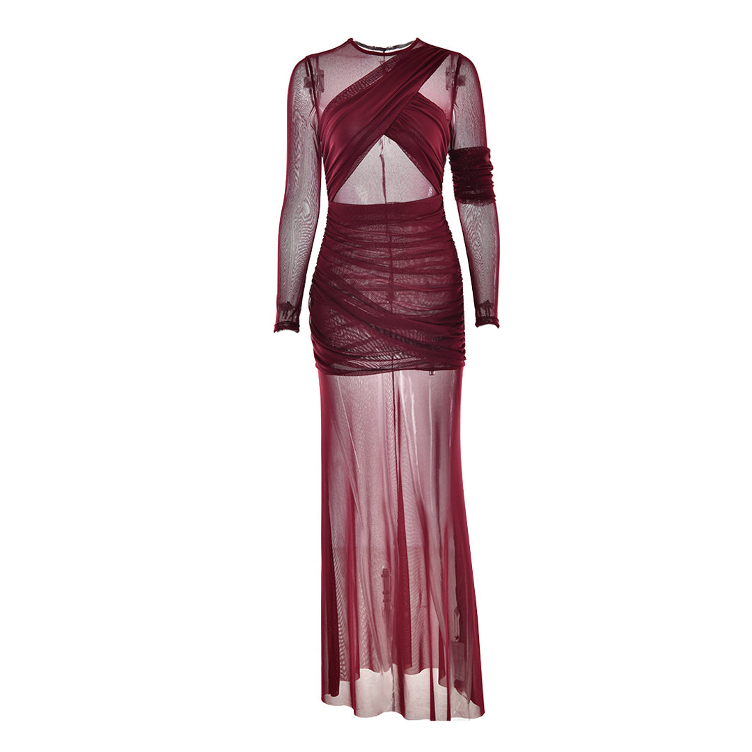 Crewneck long sleeve mesh ruched maxi dress  | Festival Outfits Women