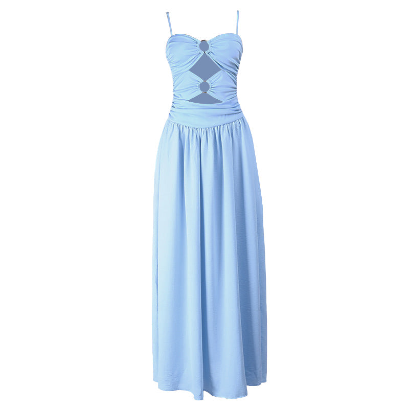 O ring hollow out ruched backless cami cut out maxi dress  | Festival Outfits Women