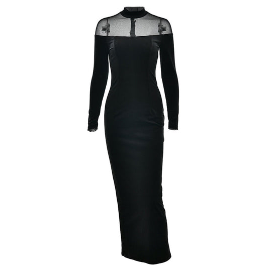 Long sleeve mesh zip-up crewneck midi dress  | Festival Outfits Women
