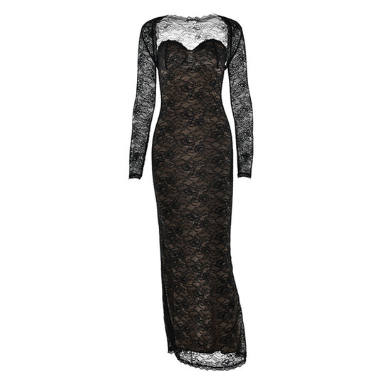 Long sleeve lace sweetheart neck 2 piece maxi dress  | Festival Outfits Women