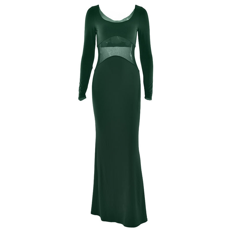 Long sleeve u neck mesh patchwork maxi dress  | Festival Outfits Women