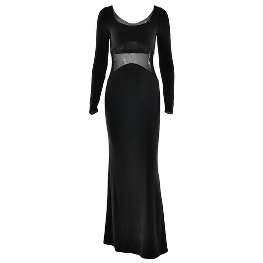Long sleeve u neck mesh patchwork maxi dress  | Festival Outfits Women