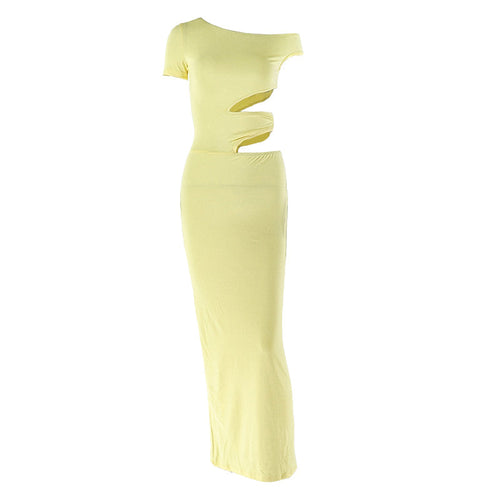 Irregular short sleeve hollow out one shoulder cut out maxi dress  | Festival Outfits Women