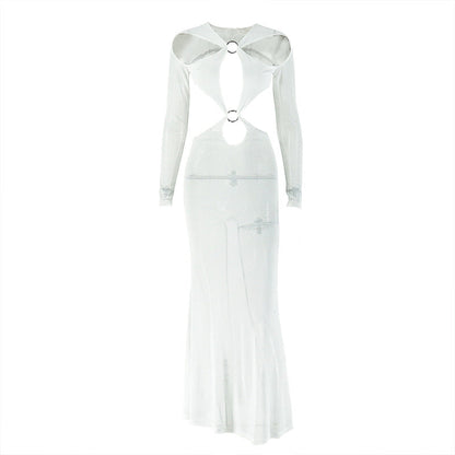 Hollow out o ring long sleeve mesh cut out maxi dress  | Festival Outfits Women