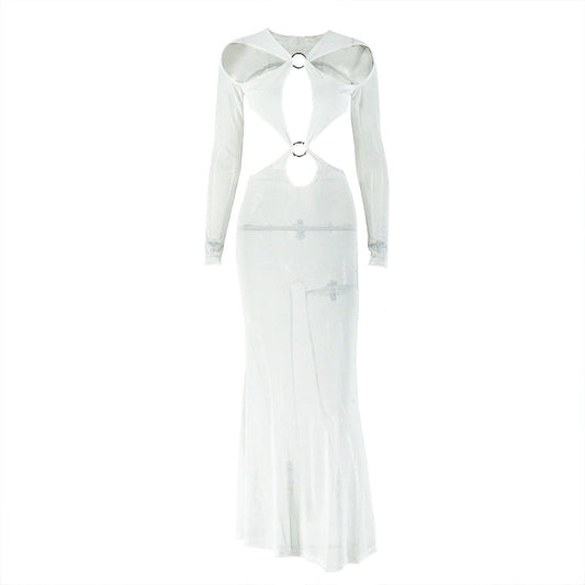 Hollow out o ring long sleeve mesh cut out maxi dress  | Festival Outfits Women