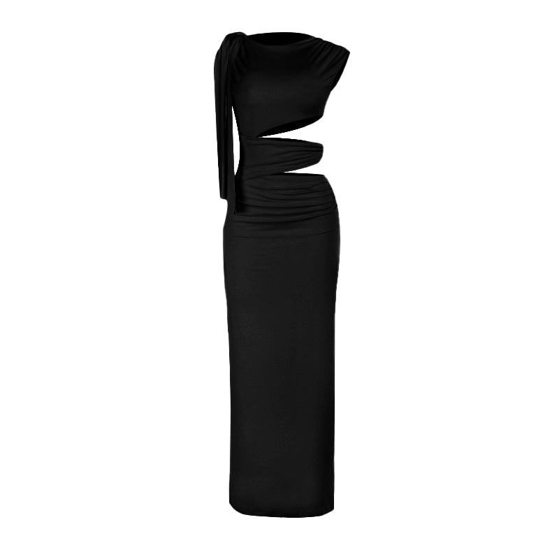 Crewneck hollow out irregular ruched cut out maxi dress  | Festival Outfits Women