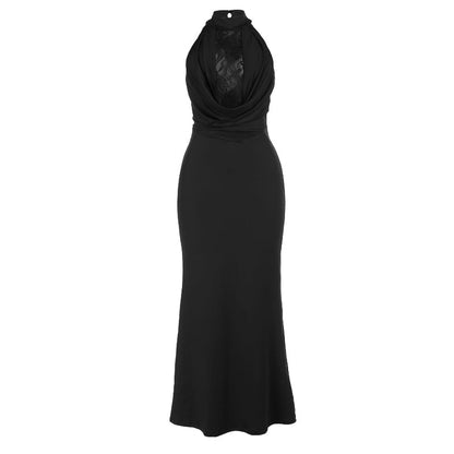 Halter crewneck lace backless solid maxi dress  | Festival Outfits Women