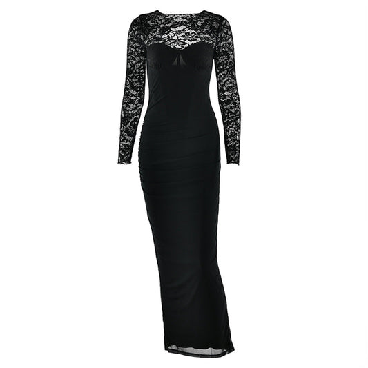 Crewneck long sleeve lace slit solid midi dress  | Festival Outfits Women