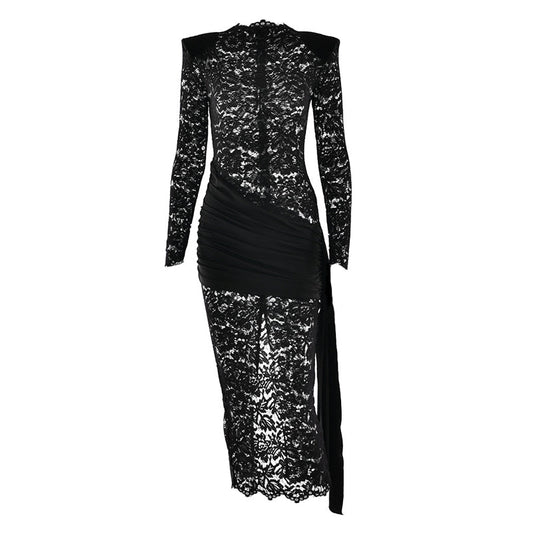 Irregular long sleeve slit zip-up hollow out cut out midi dress  | Festival Outfits Women
