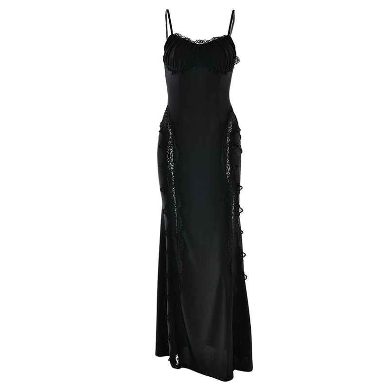 Lace hem v neck backless solid cami maxi dress  | Festival Outfits Women