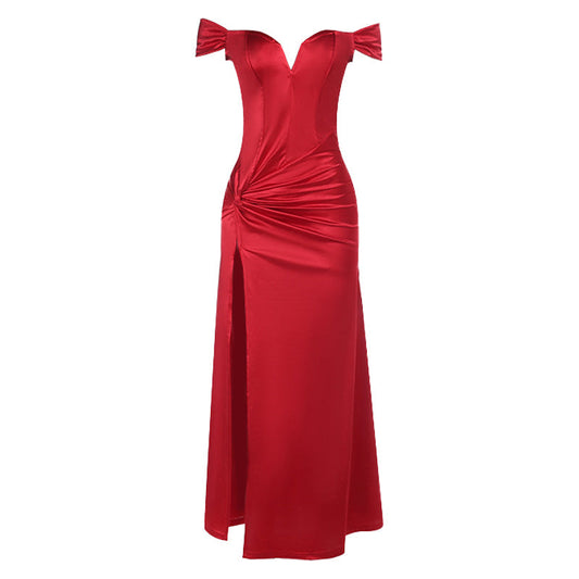 Off shoulder ruched slit irregular zip-up maxi dress  | Festival Outfits Women