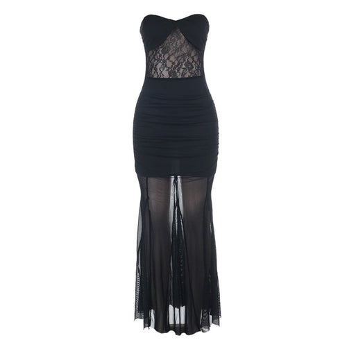Mesh ruched tube backless solid maxi dress  | Festival Outfits Women