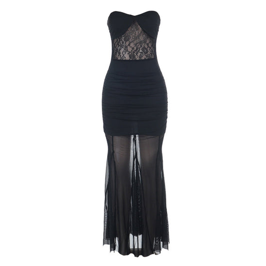 Mesh ruched tube backless solid maxi dress  | Festival Outfits Women