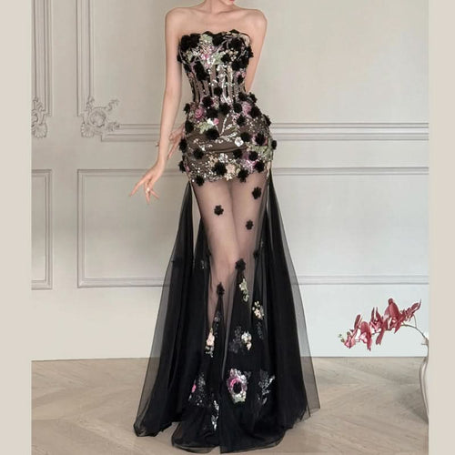 Glitter mesh backless tube maxi dress  | Festival Outfits Women