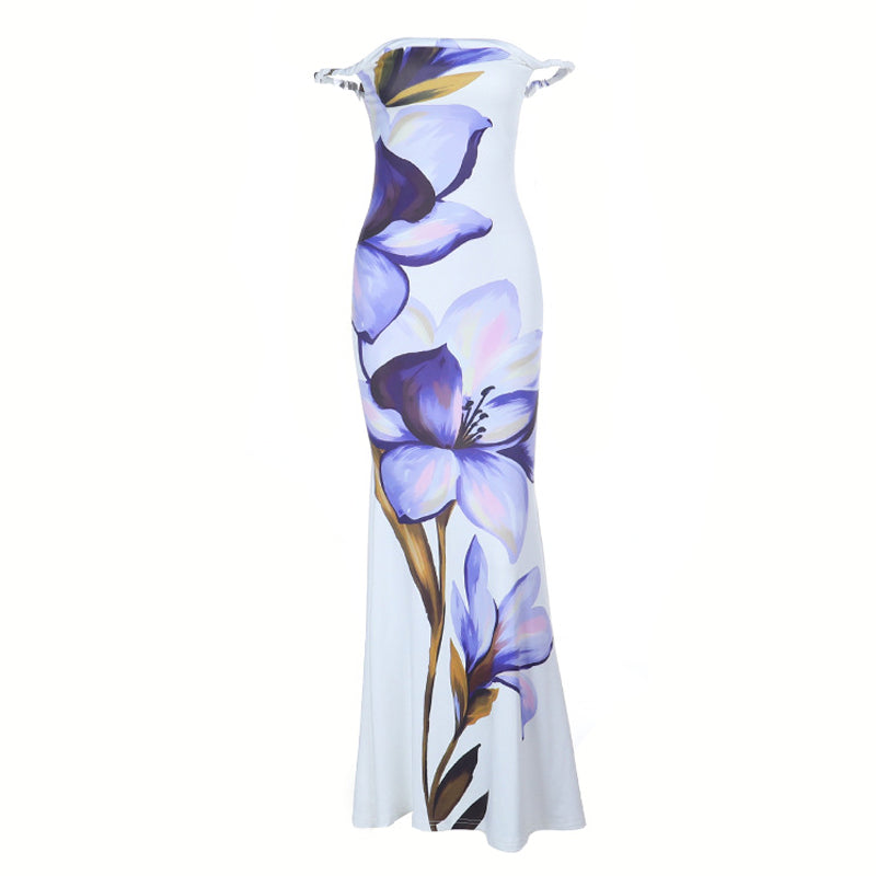 Off shoulder flower print backless tube maxi dress  | Festival Outfits Women