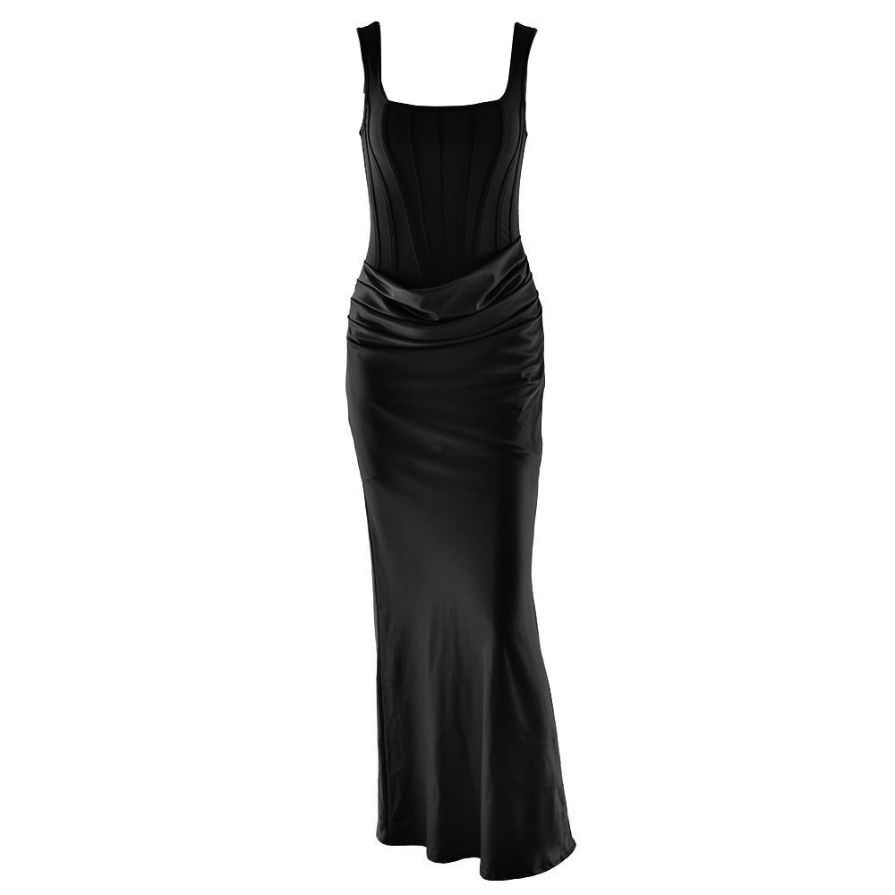Ruched square neck backless satin cami maxi dress  | Festival Outfits Women