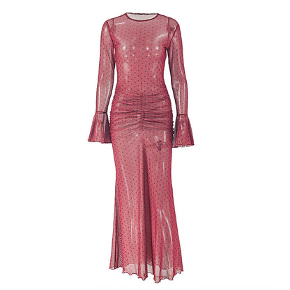 Polka dot long flared sleeve ruched sheer mesh maxi dress  | Festival Outfits Women
