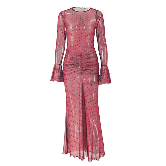 Polka dot long flared sleeve ruched sheer mesh maxi dress  | Festival Outfits Women