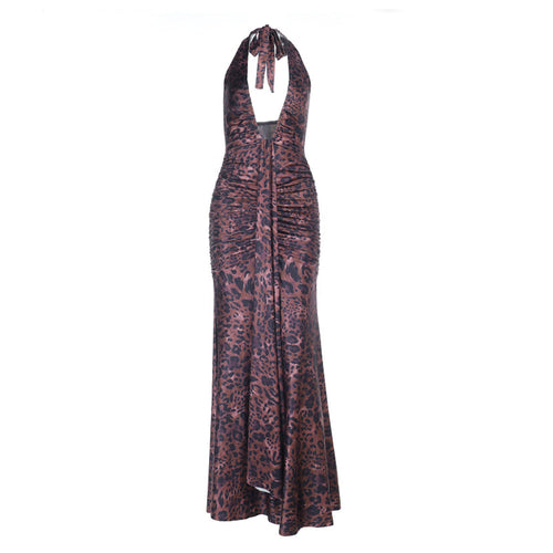 Leopard print ruched halter self tie v neck maxi dress  | Festival Outfits Women