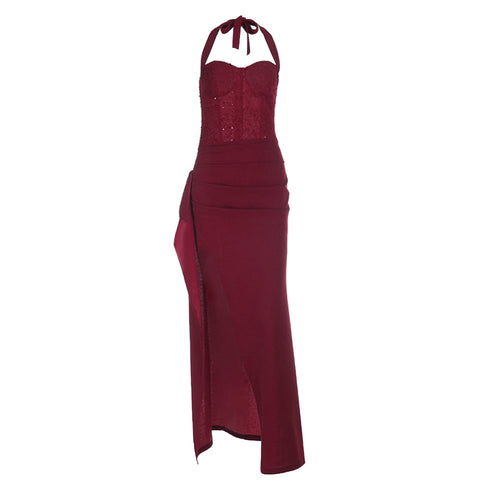 Irregular pleated slit halter self tie maxi dress  | Festival Outfits Women