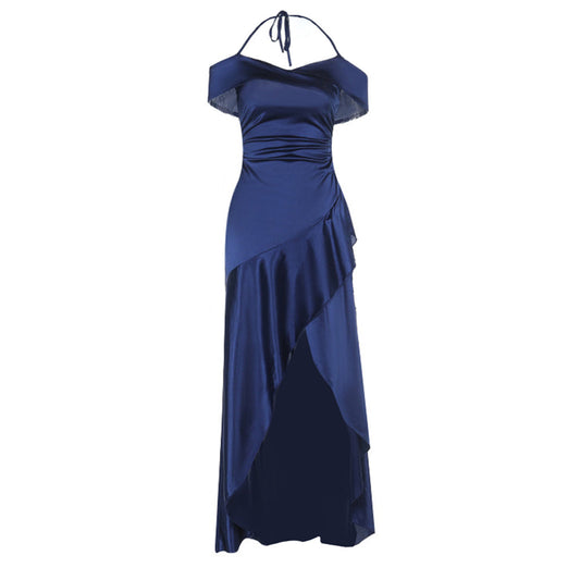 Satin slit ruffle halter self tie ruched midi dress  | Festival Outfits Women