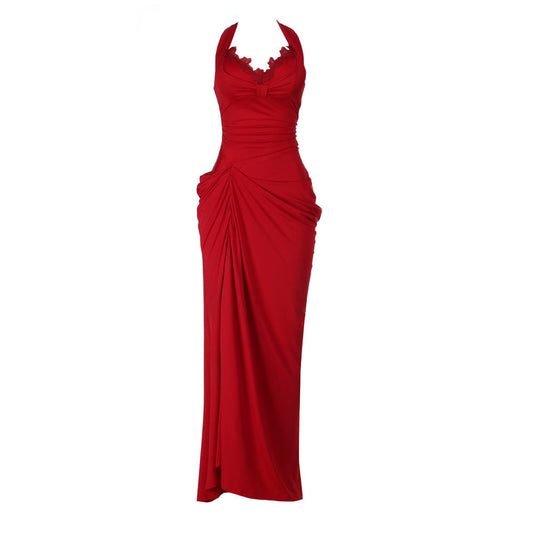 Ruched slit halter self tie v neck maxi dress  | Festival Outfits Women