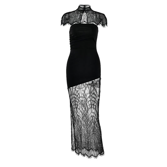 High neck lace hem shrug backless 2 piece midi dress  | Festival Outfits Women
