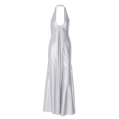 U neck satin halter zip-up backless maxi dress  | Festival Outfits Women