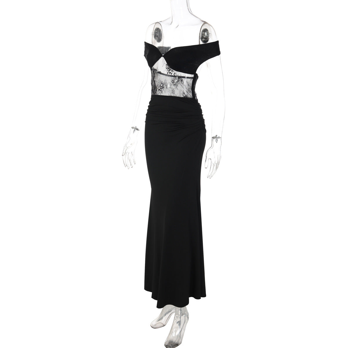 Off shoulder lace zip-up ruched solid maxi dress  | Festival Outfits Women