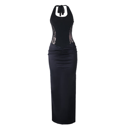 Ruched u neck self tie halter lace maxi dress  | Festival Outfits Women