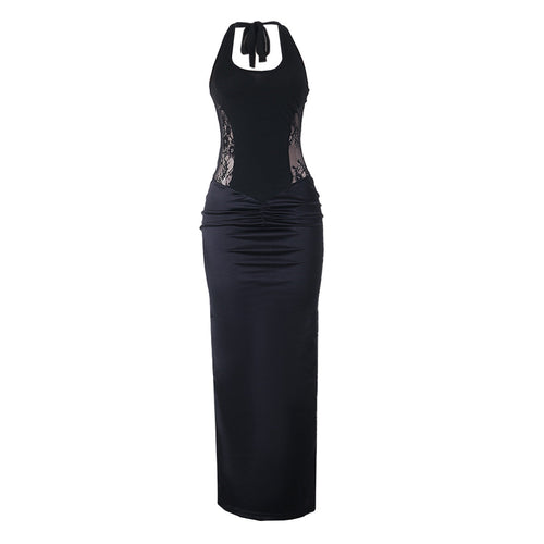 Ruched u neck self tie halter lace maxi dress  | Festival Outfits Women