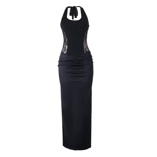 Ruched u neck self tie halter lace maxi dress  | Festival Outfits Women