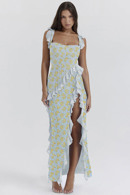 cherry ruffle maxi dress-blue flower