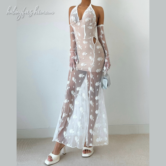 Halter lace see through v neck backless maxi dress