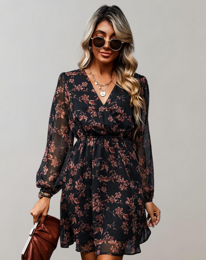 Women’s Stylish Waist-Cinching V-Neck Midi Dress with Floral Prints | Ideal for Spring/Summer