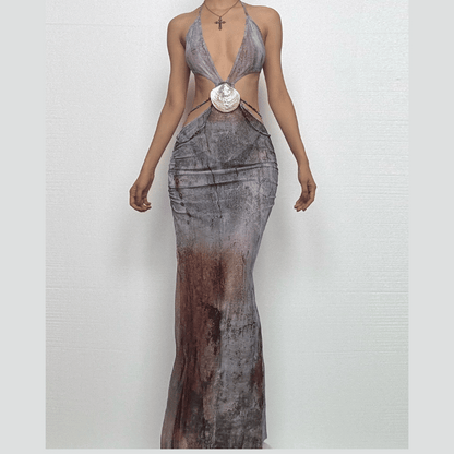 Halter self tie deep V neck sheer mesh shell applique maxi dress  | Festival Outfits Women