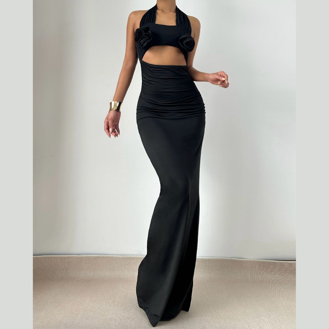 Halter flower applique hollow out cut out maxi dress  | Festival Outfits Women