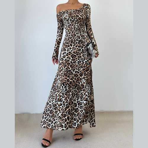 Leopard print one shoulder long sleeve slit maxi dress  | Festival Outfits Women